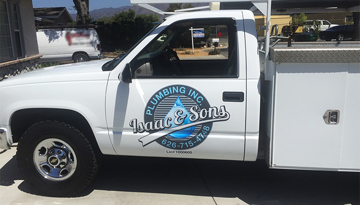 Isaac & Sons truck at a job for bathroom plumbing near Arcadia, California.