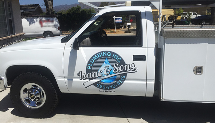 Isaac & Sons truck at a job for bathroom plumbing near Azusa, California.