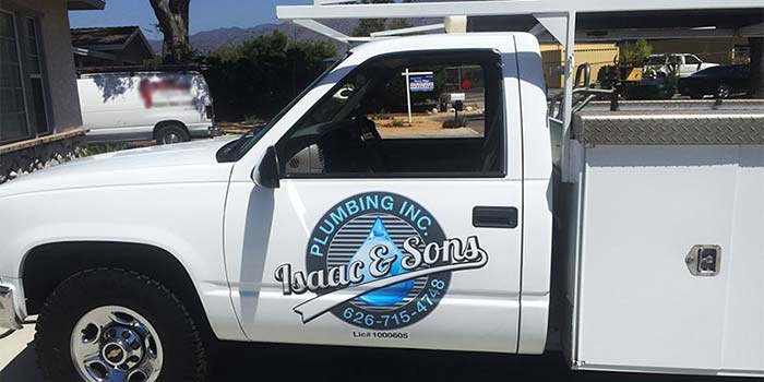 Isaac & Sons truck at a job for bathroom plumbing near West Covina, California.